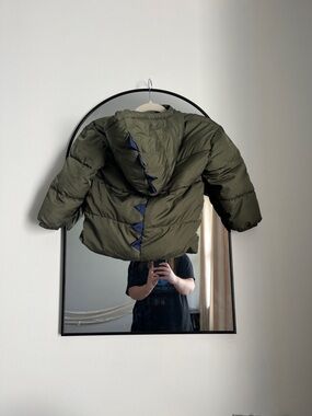 Old Navy Olive Green Fleece lined Puffer Jacket with Navy Spike Accents